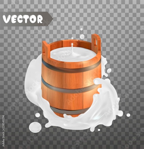 Milk. Rustic style. Wooden bucket. Natural dairy products. 3d vector icon