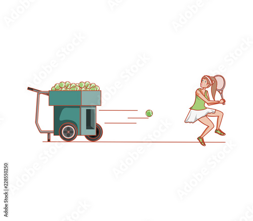 woman practicing tennis with ball throwing machine