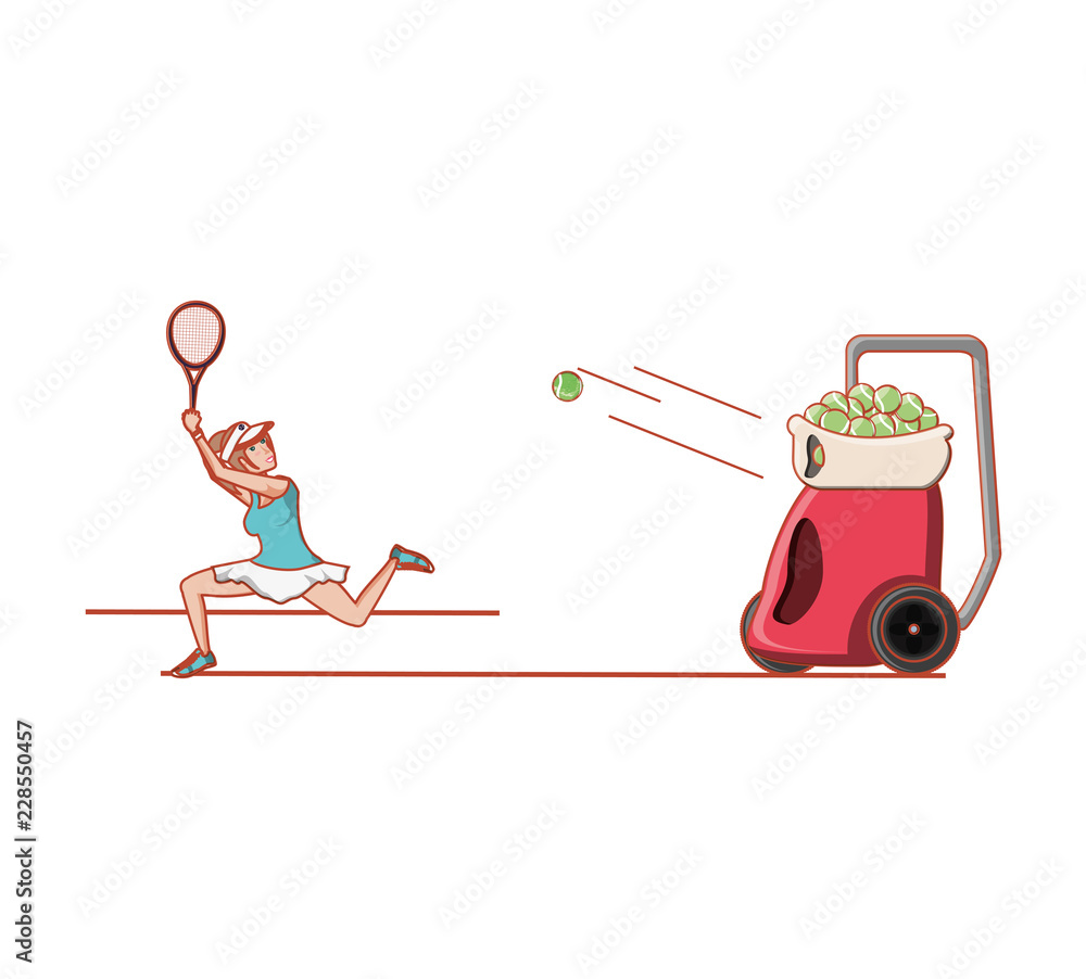 woman practicing tennis with ball throwing machine woman practicing tennis with ball throwing machine