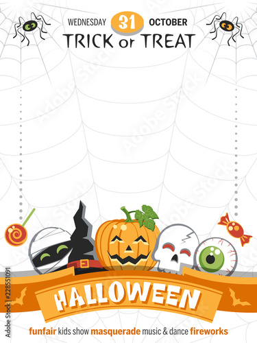 Colorful poster for Halloween Party with funny cartoon characters. Place for your text message. Flat design. Vector illustration.