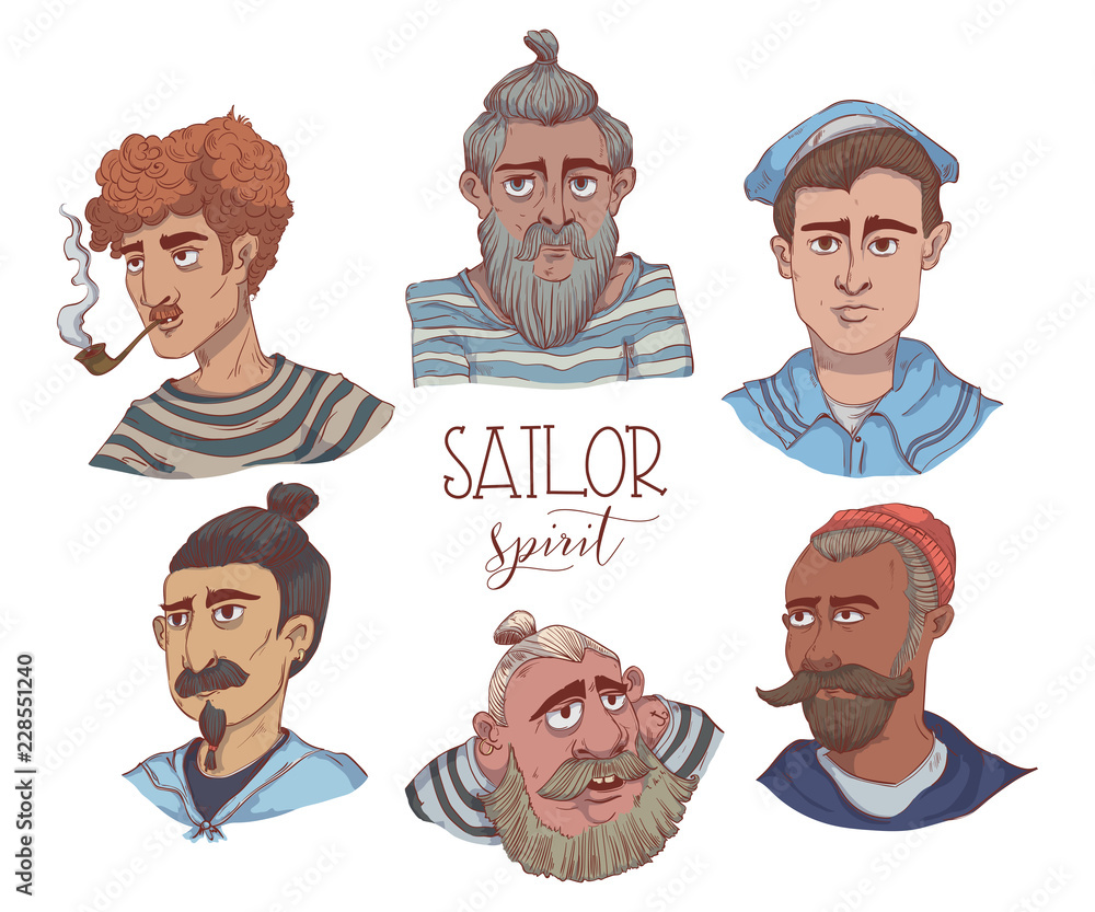Sailors and captains set. Funny cartoon characters. Concept design for print, poster, tattoo, sticker, card. Isolated objects on white background. Vintage vector illustration Sailors and captains set. Funny cartoon characters. Concept design for print, poster, tattoo, sticker, card. Isolated objects on white background. Vintage vector illustration