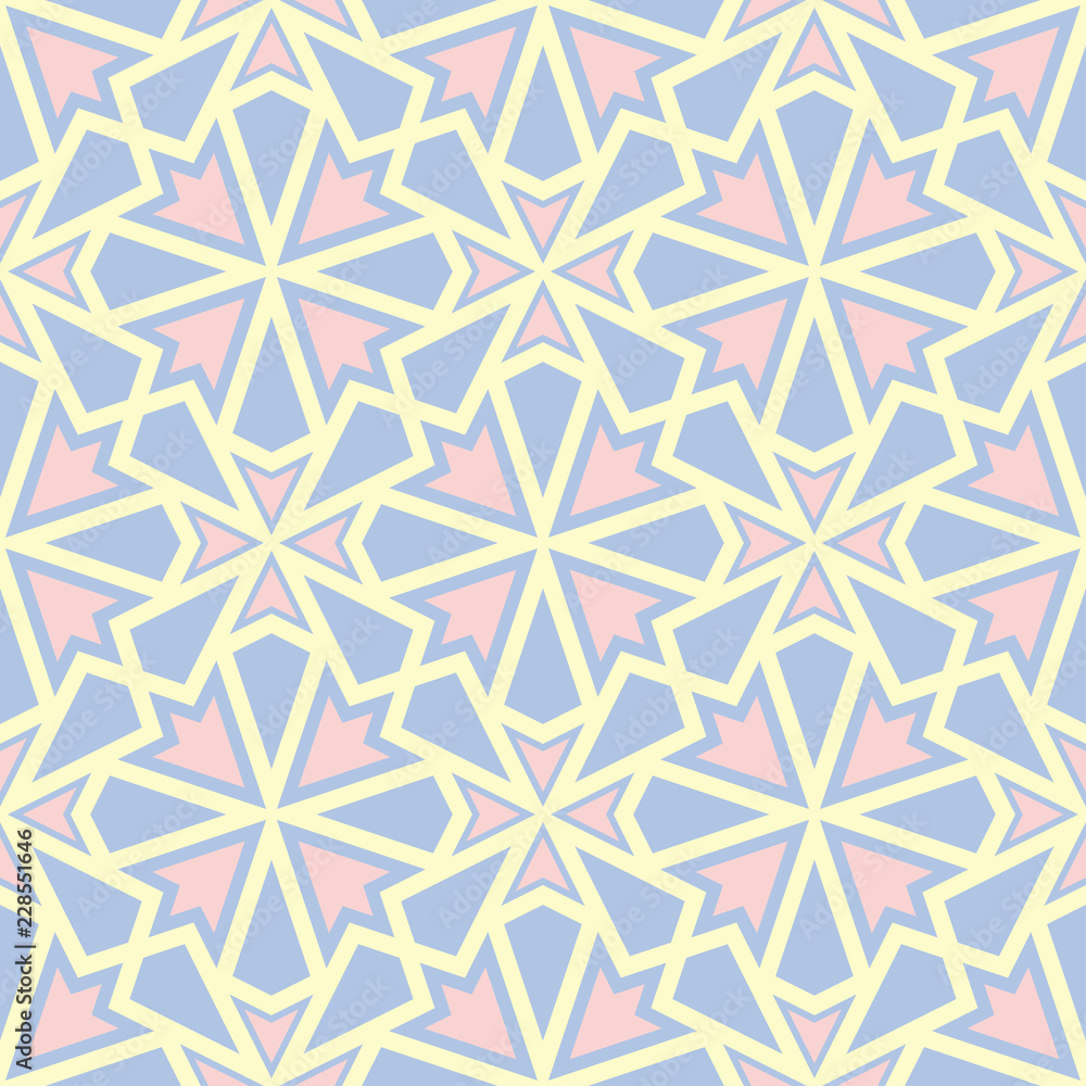 Seamless background with geometric pattern. Pink and beige elements on blue backdrop Seamless background with geometric pattern. Pink and beige elements on blue backdrop