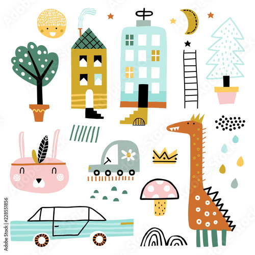 Doodle set- animals, plants, cars, houses and other elements. Vector Illustration. Scandinavian design.