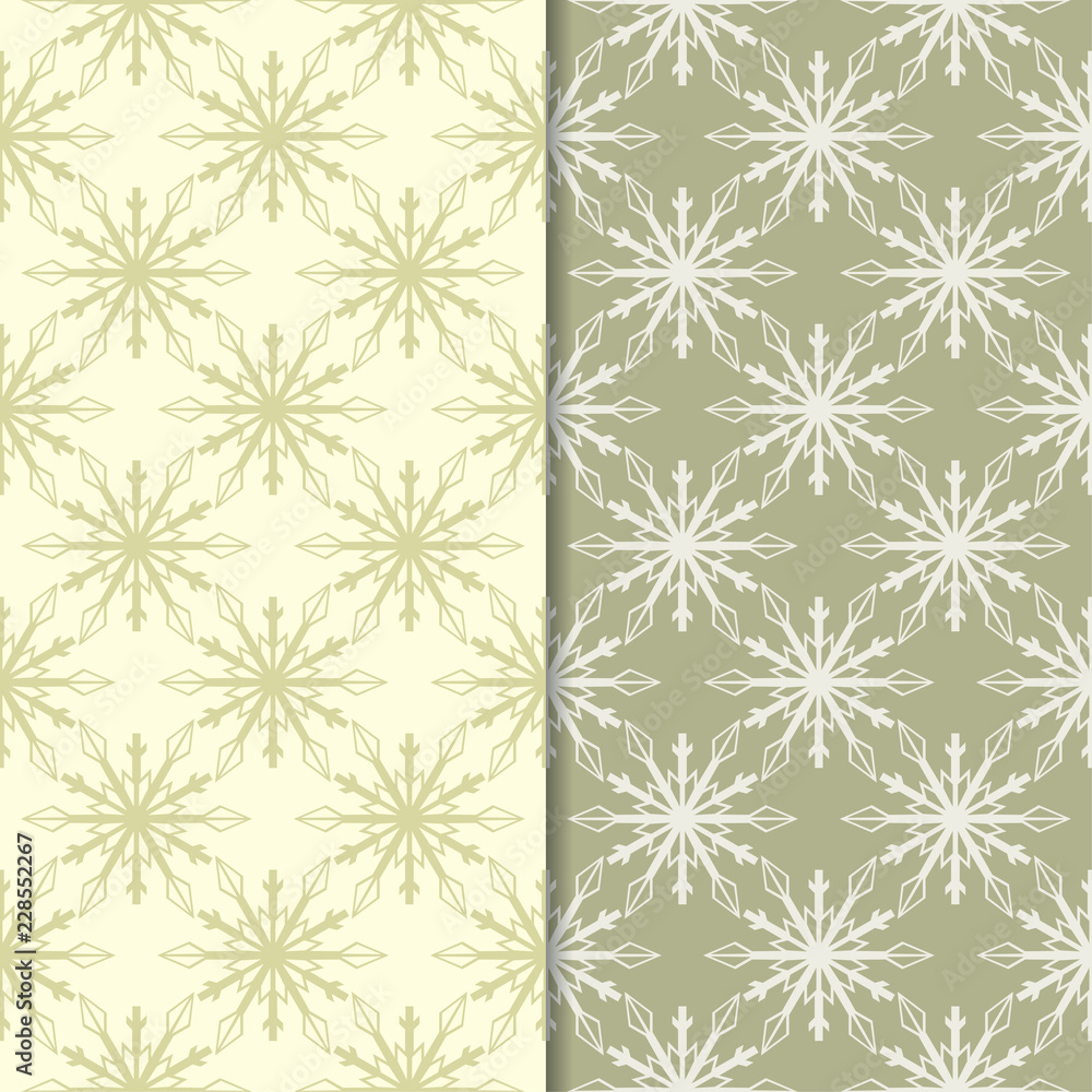 Snowflakes. Seamless patterns. Olive green winter ornaments Snowflakes. Seamless patterns. Olive green winter ornaments