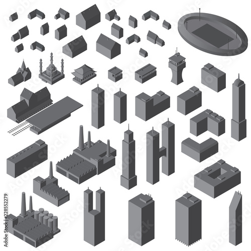 Isometric buildings set. Vector simple buildings set.