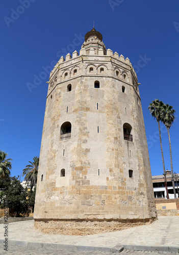 Torre del Oro or Golden Tower (13th century), a medieval Arabic military dodecagonal watchtower in Seville, Andalusia, southern Spain