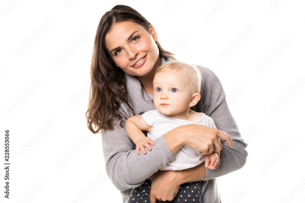 A mother holdng his baby on studio white background A mother holdng his baby on studio white background