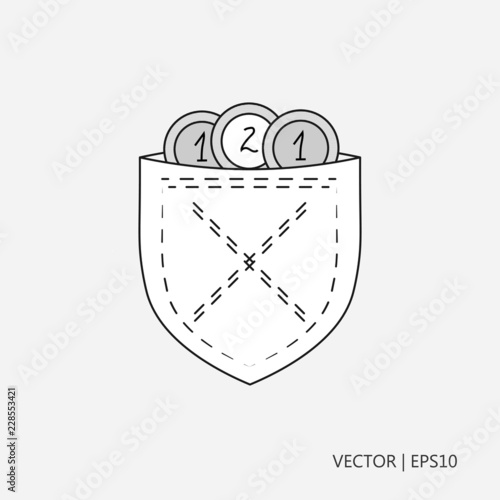 Pocket with small change inside. Money in a pocket. Vector illustration