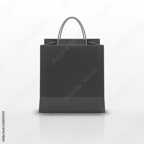 Realistic black Paper shopping bag with handles isolated on white background. Vector illustration