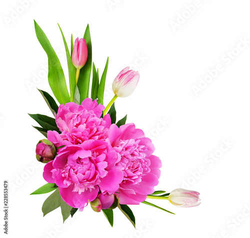 Corner arrangement with pink tulips and peony flowers