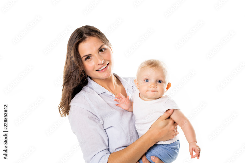 A mother holdng his baby on studio white background A mother holdng his baby on studio white background
