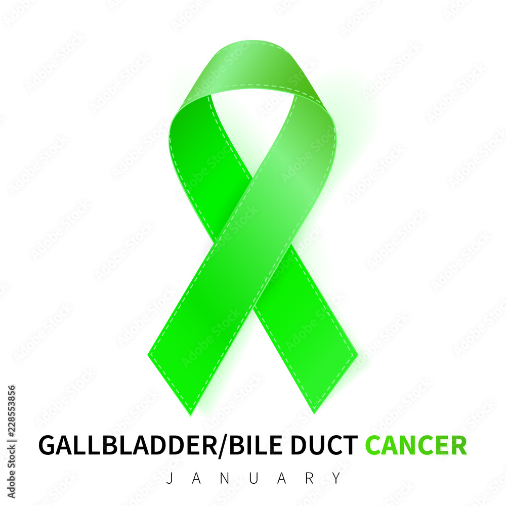 Gallbladder and Bile Duct Cancer Awareness Month. Realistic Kelly Green ribbon symbol. Medical Design. Vector illustration Gallbladder and Bile Duct Cancer Awareness Month. Realistic Kelly Green ribbon symbol. Medical Design. Vector illustration