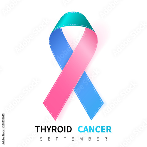Thyroid Cancer Awareness Month. Realistic Teal Pink Blue ribbon symbol. Medical Design. Vector illustration