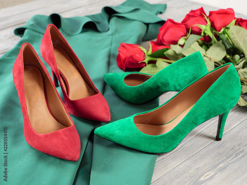 Womens shoes (suede red green heels pumps). Fashion outfit for christmas,  evening, night out. Template for online store, website, banners, cards,  coupons, sale flyers. Stock Photo | Adobe Stock