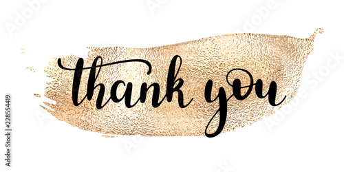 Thank you - black hand written lettering with golden smear isolated on white background. Modern vector design.