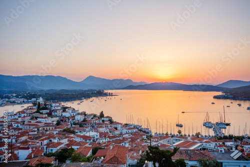 Fototapeta Naklejka Na Ścianę i Meble -  Sunset on Poros island, Greece. Aerial drone photo