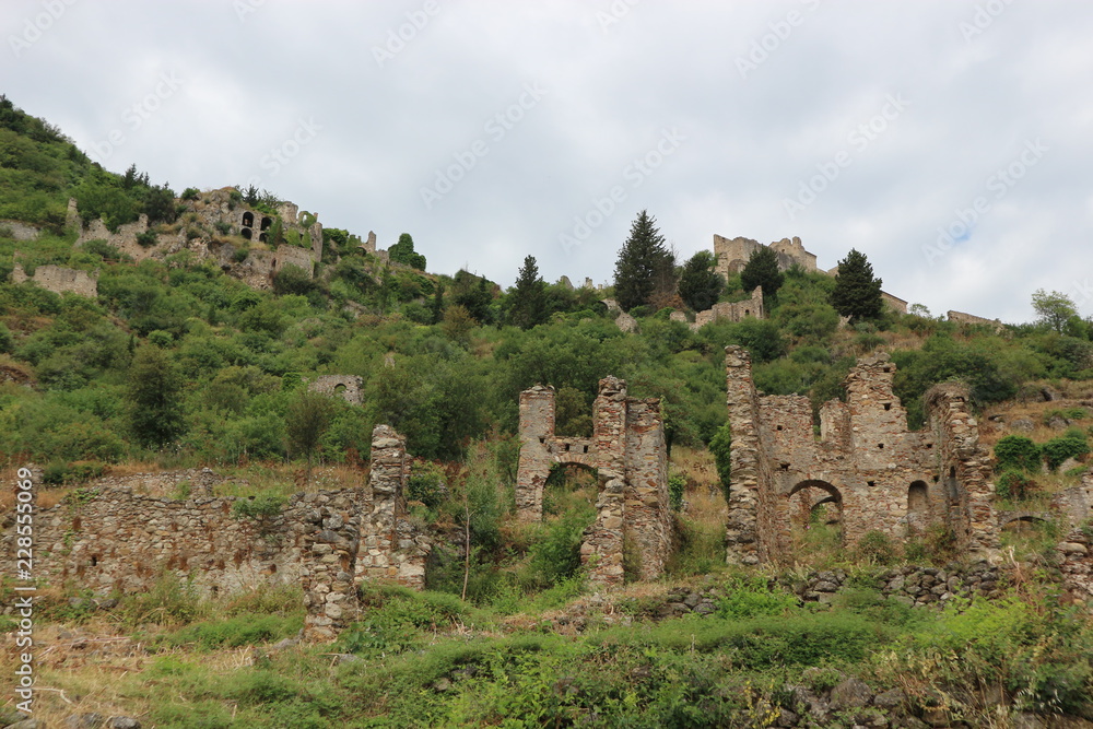 Landscape with ruins of abandoned medieval city Mystras, Lakonia, Peloponnese, Greece