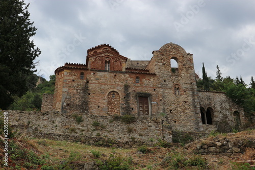 Ruins of old monastery in medieval abandoned town Mystras, Peloponnese, Greece