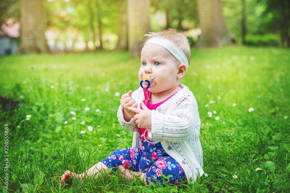 Baby girl sitting on the grass, sucking a pacifier. Baby girl sitting on the grass, sucking a pacifier.