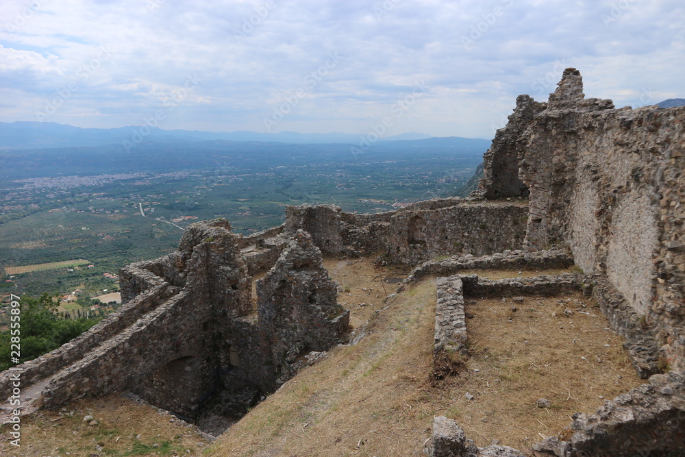 Ruins of Villehardouin's Castle in abandoned medieval city of Mystras, Peloponnese, Greece