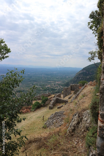 Fototapeta Naklejka Na Ścianę i Meble -  Landscape with trees, mountains and ruins of medieval city Mystras, Greece