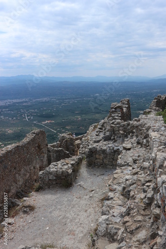 Ruins of Villehardouin's Castle in abandoned medieval city of Mystras, Peloponnese, Greece