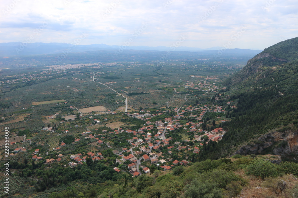 Panorama of village Mystras from Taygetos mountains, Peloponnese, Greece
