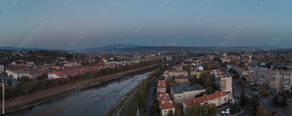Drone aerial view on the residential area in river Uzh the Uzhgorod Zakarpattya Ukraine