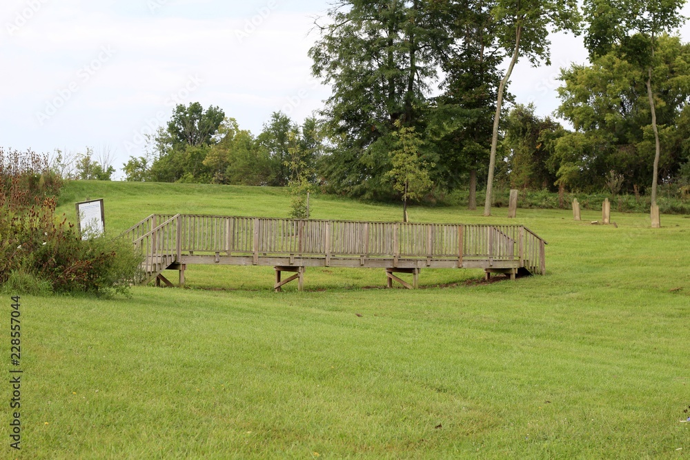 Obraz premium A wooden bridge in the grass landscape of the park.
