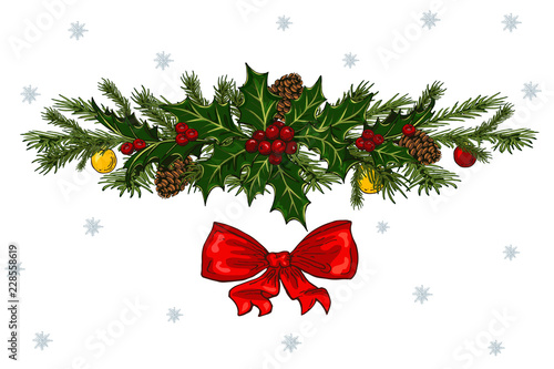 Christmas decor with red bow, pine cones and holly