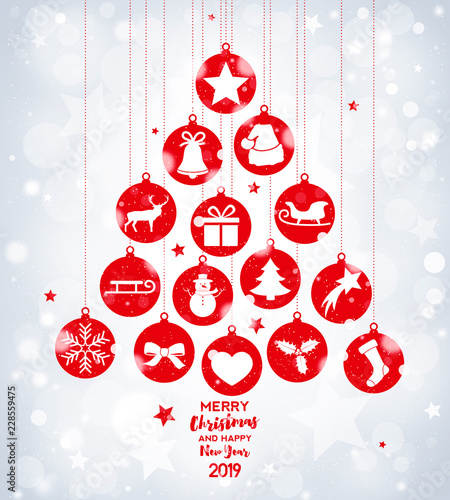 Christmas tree with red balls on bokeh