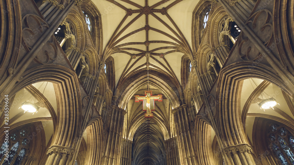 Interiors of Lichfield Cathedral - Icon - Hanging Cross and Ceiling in Nave Interiors of Lichfield Cathedral - Icon - Hanging Cross and Ceiling in Nave
