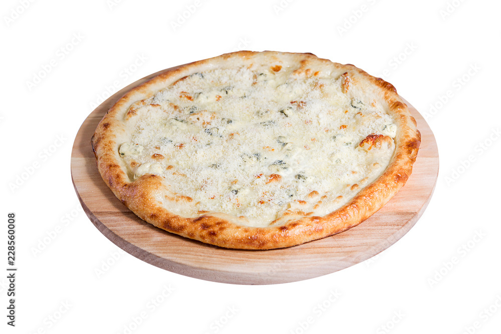 Quaddro formaggi pizza with four cheeses isolated on a white background. Quaddro formaggi pizza with four cheeses isolated on a white background.