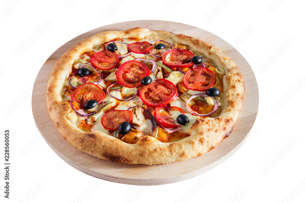 Pizza with tomatoes, olives, ham, onions and cheeseisolated on a white background. Pizza with tomatoes, olives, ham, onions and cheeseisolated on a white background.