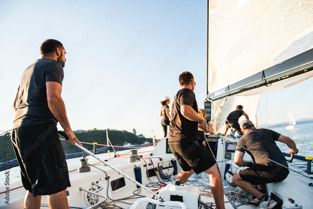 Team athletes Yacht training for the competition - obrazy, fototapety, plakaty 