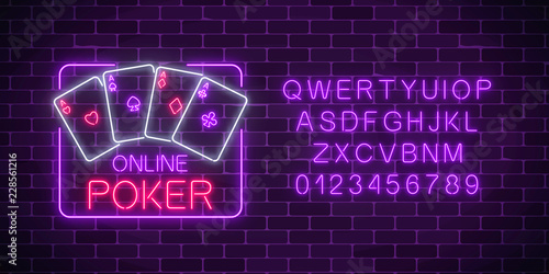 Glowing neon sign of online poker application in rectangle frame with alphabet. Casino bright signboard.
