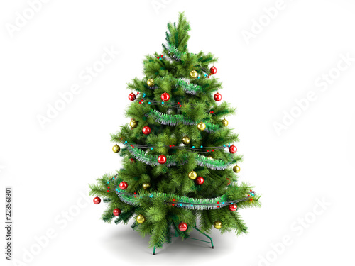 Fényképezés Christmas tree with colorful toys 3d render isolated on white