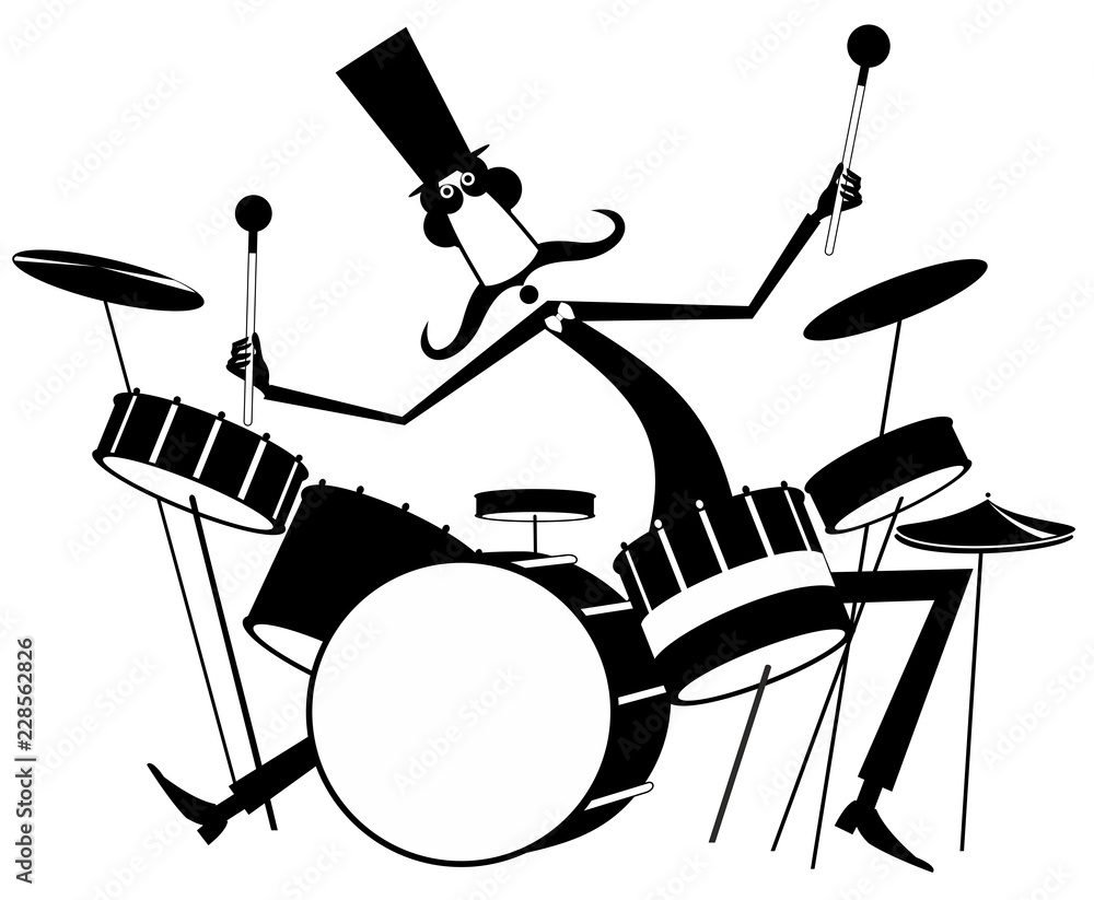 Funny mustache drummer isolated illustrationю Mustache man in the top hat  plays on drum kit black on white illustration Stock Vector | Adobe Stock
