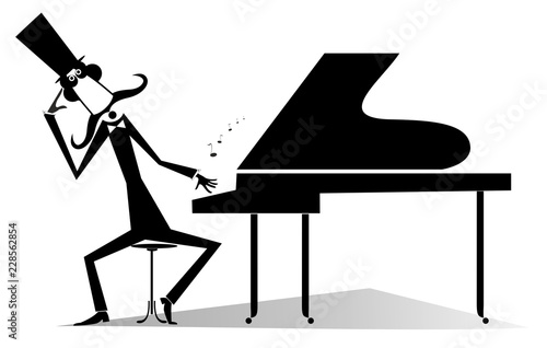 Thinking pianist or composer and piano isolated illustration. Mustache pianist or composer in the top hat sits near the piano black on white illustration 

