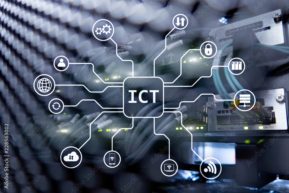 © Funtap - ICT - information and communications technology concept on server room background. © Funtap - ICT - information and communications technology concept on server room background.