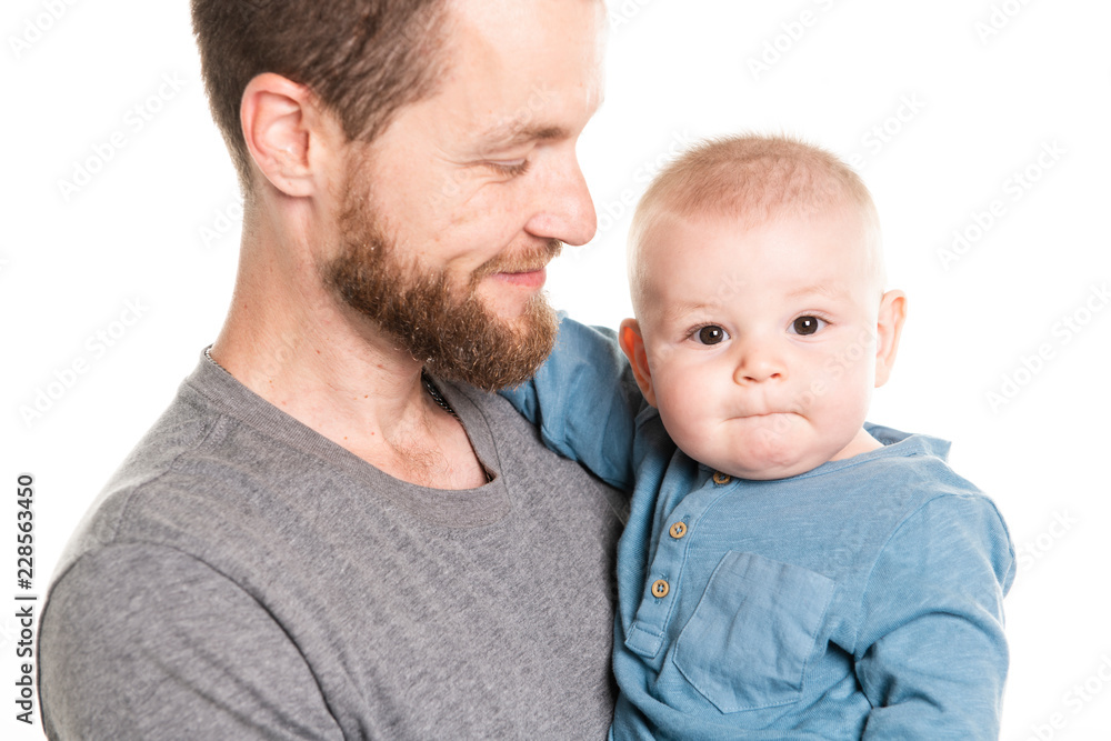 Father with cute baby on studio white background Father with cute baby on studio white background