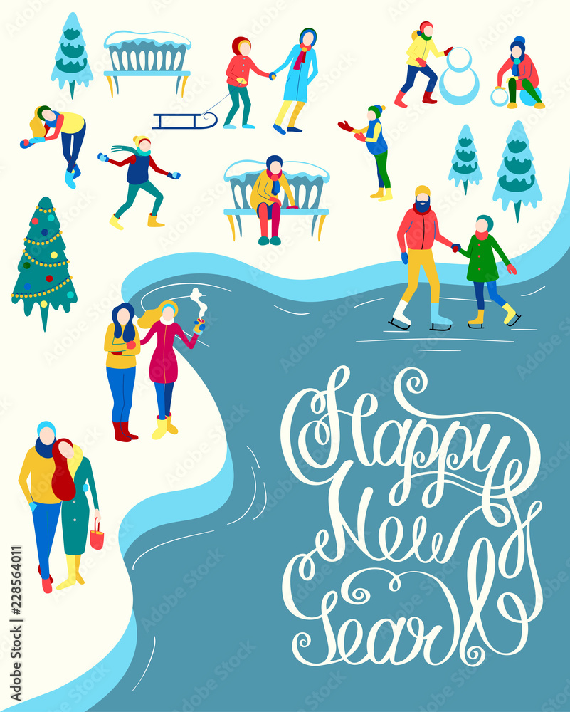 Happy New Year card with people spend holidays in winter park.