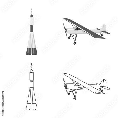 Vector illustration of plane and transport sign. Set of plane and sky stock vector illustration.