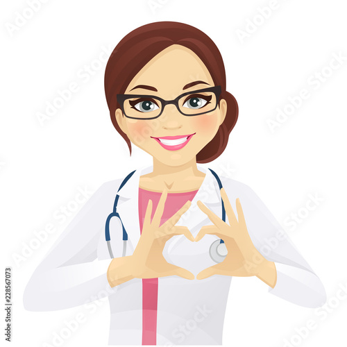 Smiling woman doctor or nurse with stethoscope showing heart sign isolated vector illustration