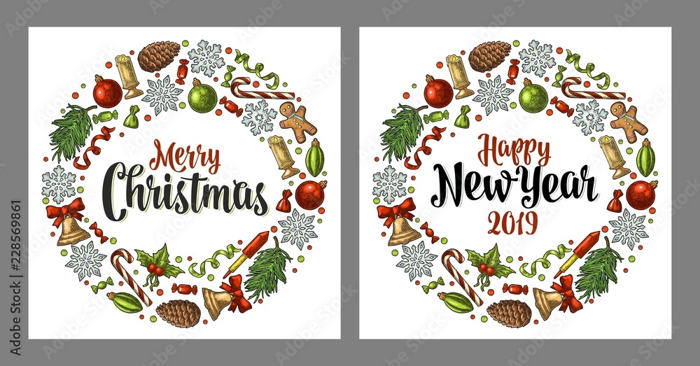 Circle shape set for Merry Christmas. Vector vintage color engraving