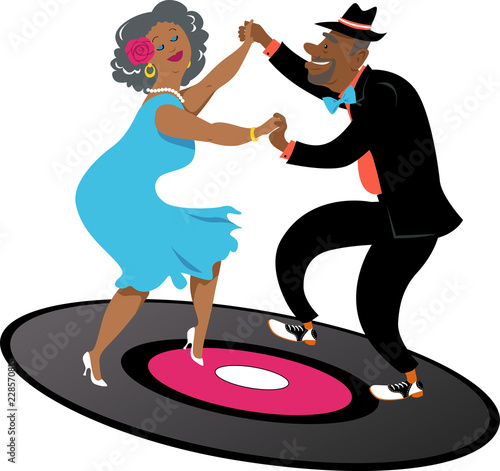Cute couple of African-American senior citizens dancing on a vinyl record, EPS 8 vector illustration