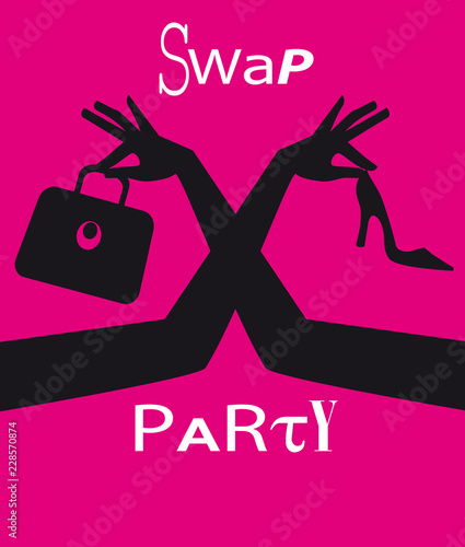 Swap party invitation or poster with female hands exchanging accessorizes, EPS 8 vector illustration