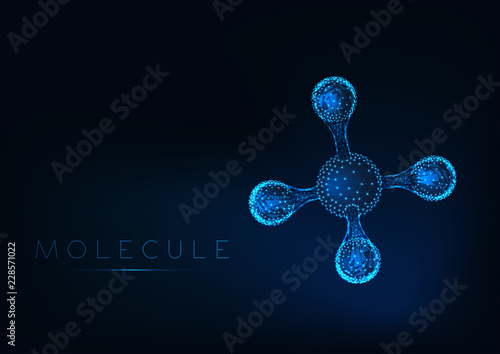 Abstract glowing molecule with tetrahedral structure model with atoms and bonds.
