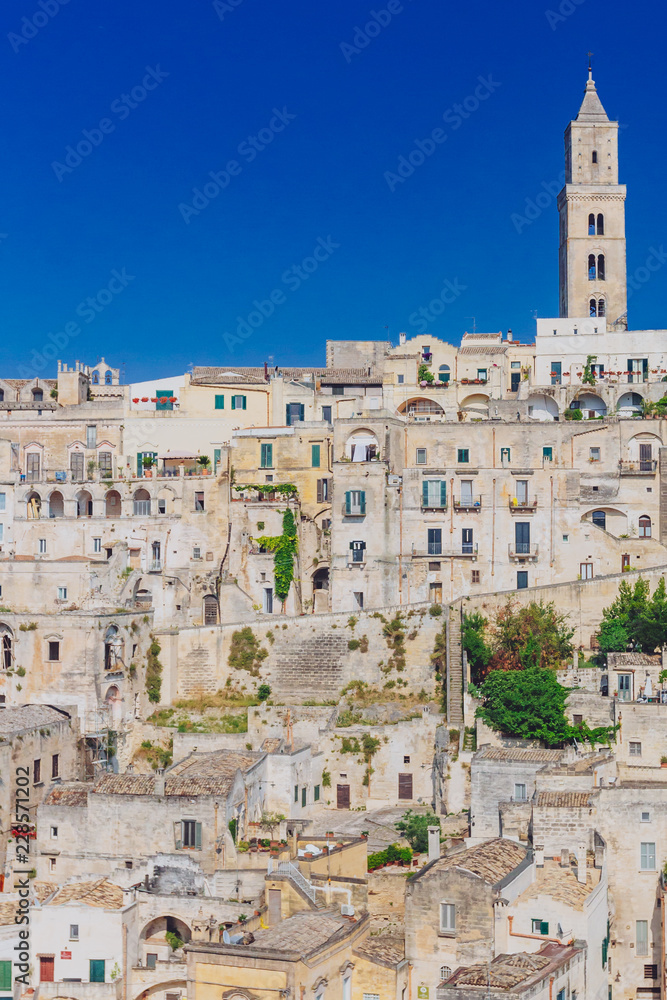 The sassi of Matera, Italy and the bell tower of the Matera Cathedral