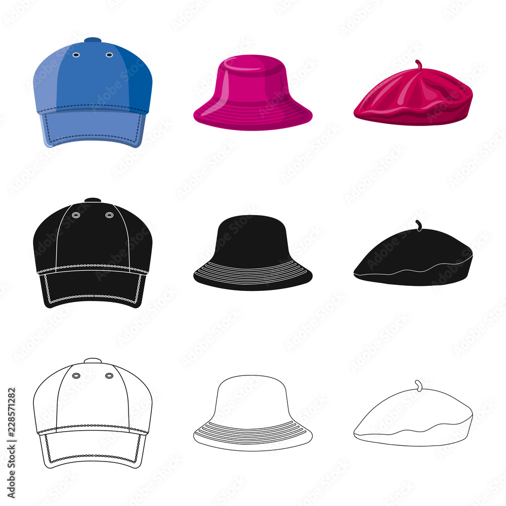 Vector illustration of headgear and cap symbol. Set of headgear and accessory vector icon for stock. Vector illustration of headgear and cap symbol. Set of headgear and accessory vector icon for stock.